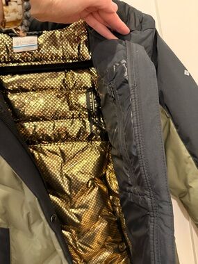 Columbia Women's Black and Olive Puffer Jacket with Gold Lining